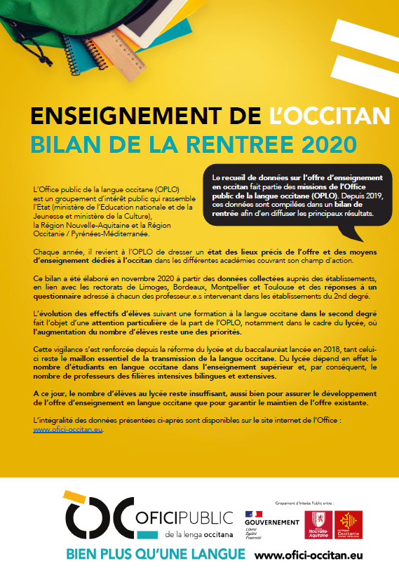 Ensenhament de l'occitan : estat dels luòcs 2020/2021