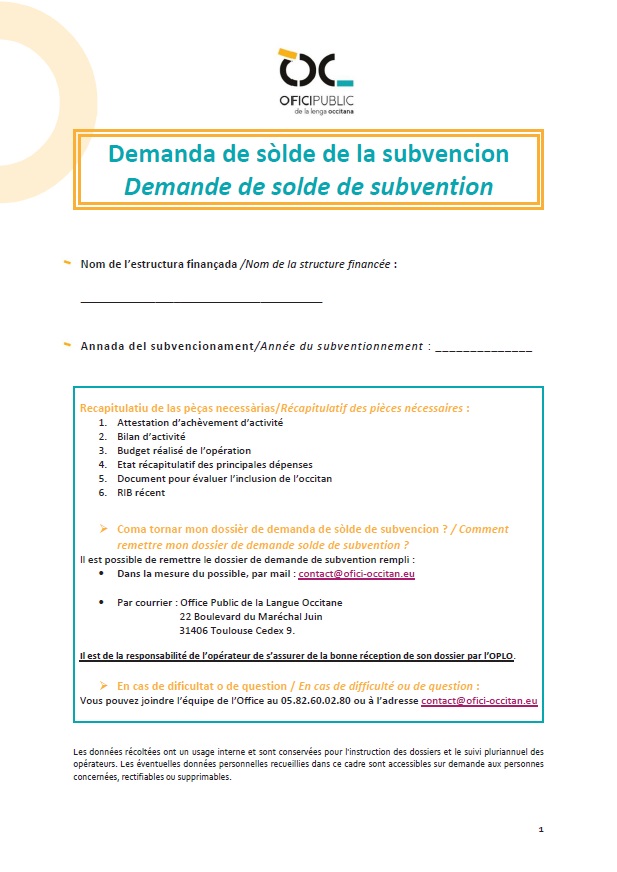  Demanda de sòlde de la subvencion